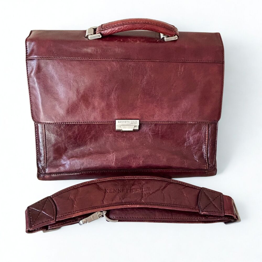 Kenneth Cole New York Leather Briefcase Messenger Bag Burgundy Laptop AS-IS
